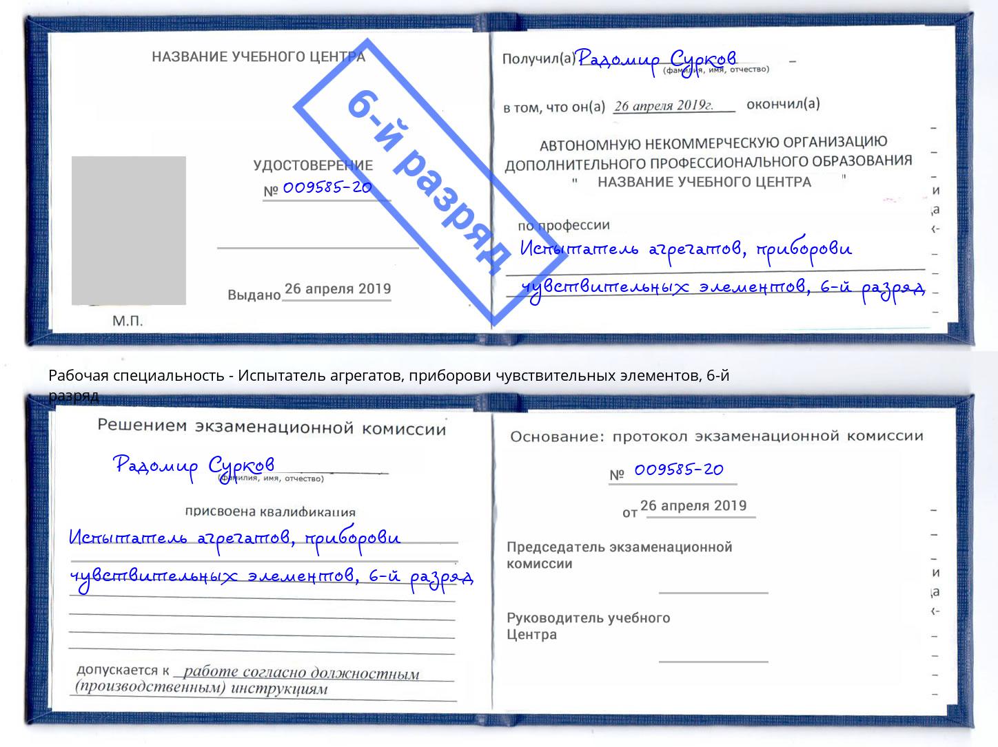 корочка 6-й разряд Испытатель агрегатов, приборови чувствительных элементов Ялуторовск
