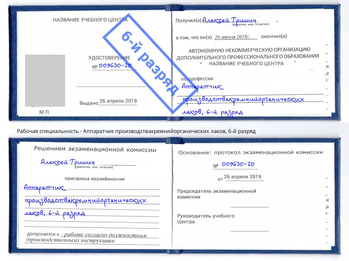 корочка 6-й разряд Аппаратчик производствакремнийорганических лаков Ялуторовск