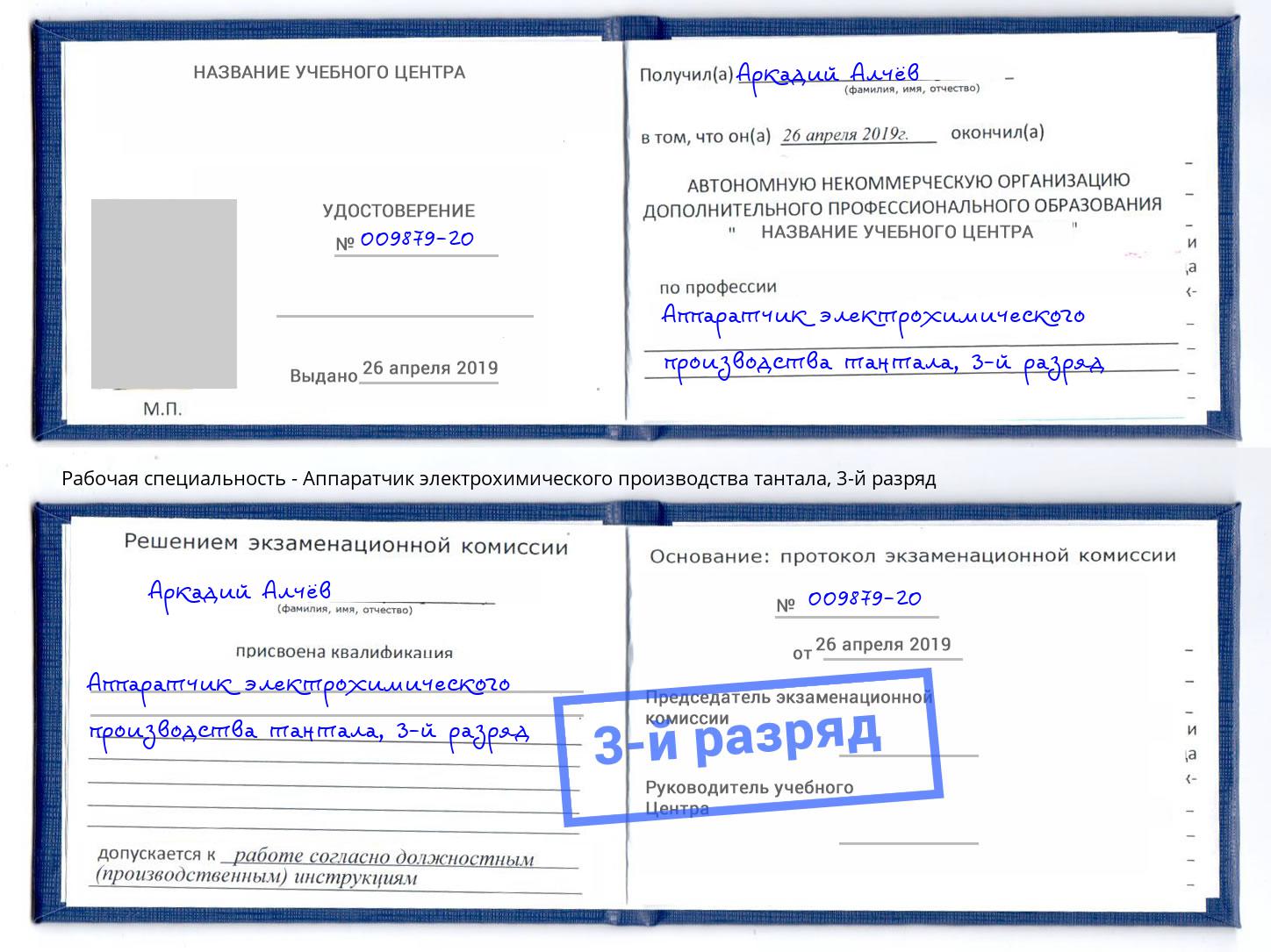 корочка 3-й разряд Аппаратчик электрохимического производства тантала Ялуторовск