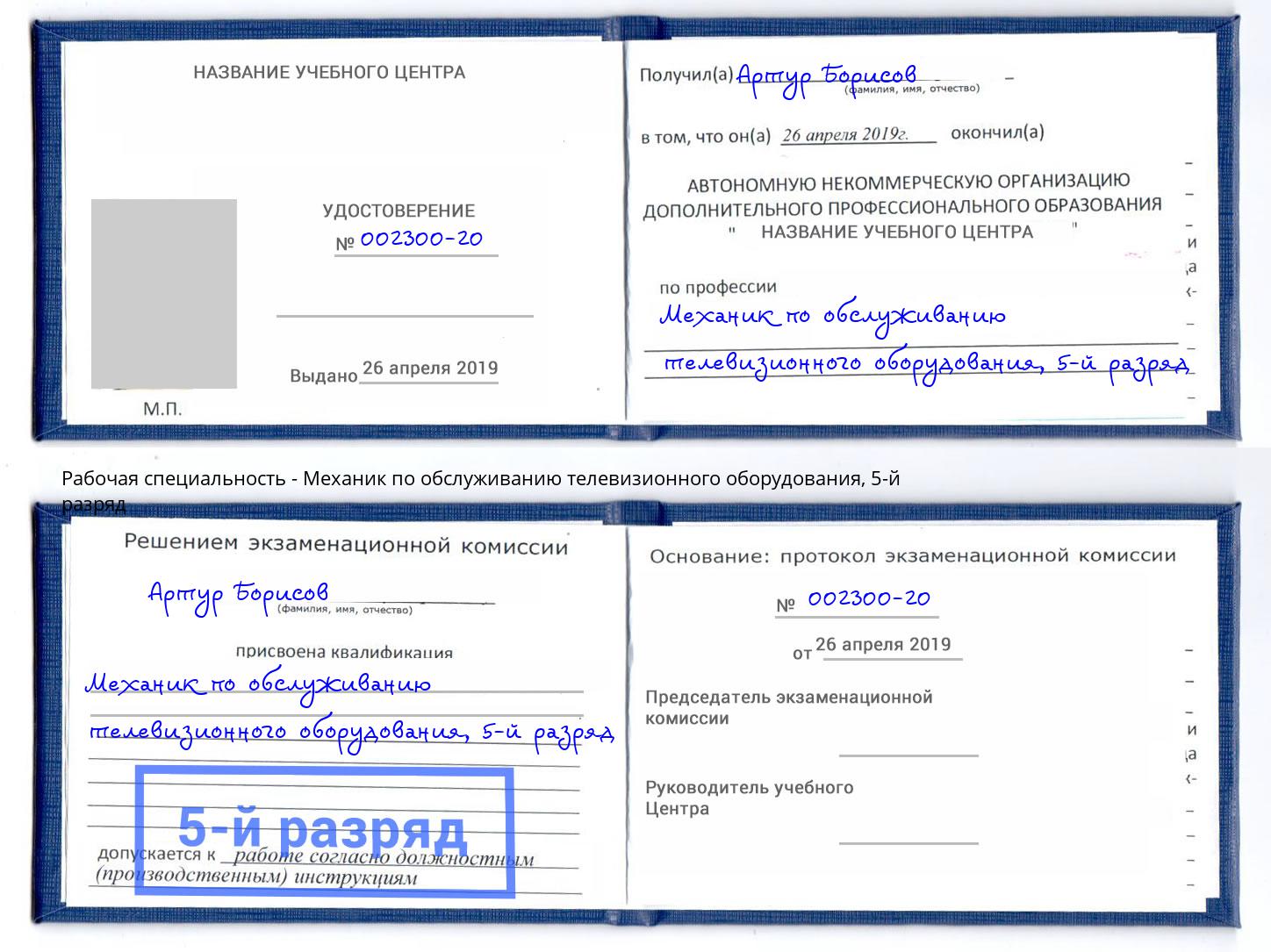 корочка 5-й разряд Механик по обслуживанию телевизионного оборудования Ялуторовск